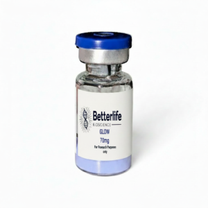 Vial with Blue top and blue powder. Label reads GLOW 70mg from Betterlife Bioscience