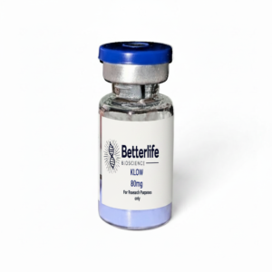 Vial with Blue top and blue powder. Label says KLOW 8-mg by Betterlife bioscience